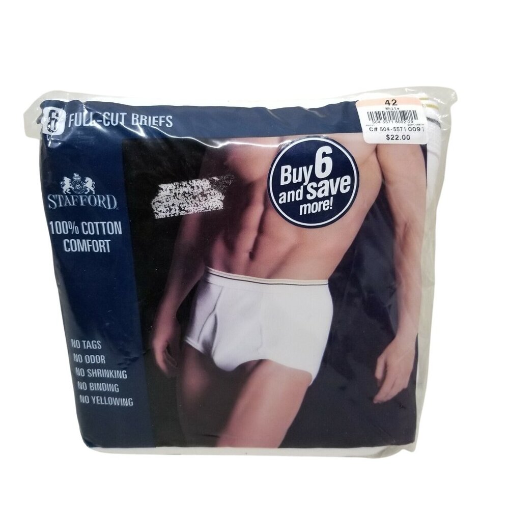 New Vintage Stafford Size 42 Full Cut Classic Briefs White Cotton Underwear 6 Pk